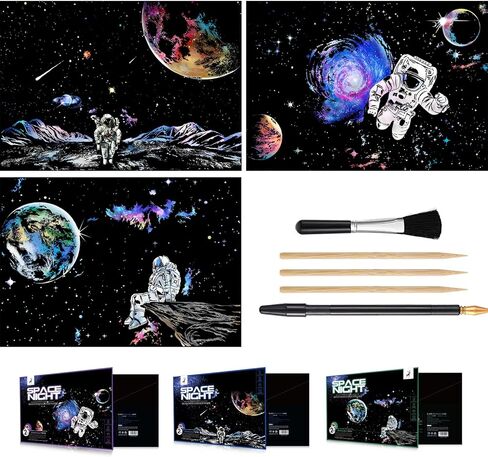 ورقة فنية للخروج والنقش (16 "× 11.2") للأطفال والكبار ، رسم قوس قزح Cosmos رائد الفضاء Starry Sky Painting ، مجموعات الحرفية: 3 عبوات مع 5 أدوات - أقلام الرسم ، فرشاة نظيفة (سلسلة فضائية) in Kuwait