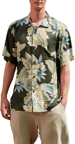Men's Silk Hawaiian Floral Shirts Short Sleeve Button Down Casual Tropical Holiday Beach Shirts in Saudi Arabia