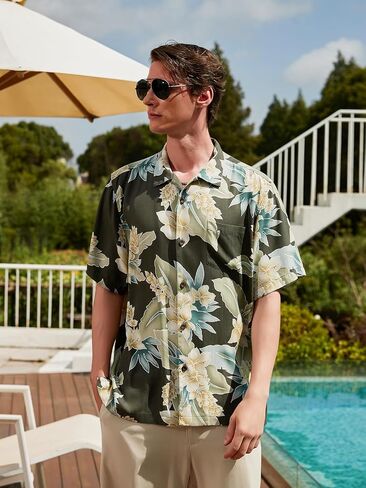Men's Silk Hawaiian Floral Shirts Short Sleeve Button Down Casual Tropical Holiday Beach Shirts in Saudi Arabia