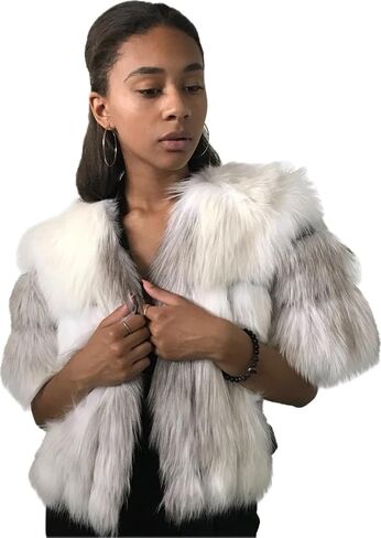 Women's Cropped Jacket S White Real Arctic Fox Fur & Leather | Chic Short Sleeve (S, White) in Kuwait