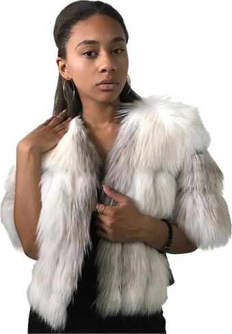 Women's Cropped Jacket S White Real Arctic Fox Fur & Leather | Chic Short Sleeve (S, White) in Kuwait