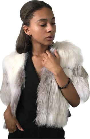 Women's Cropped Jacket S White Real Arctic Fox Fur & Leather | Chic Short Sleeve (S, White) in Kuwait