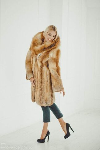 Fox Fur Coat Hooded Real Fur Womens Jacket Winter Coat Girls Windbreaker (Red) in Saudi Arabia