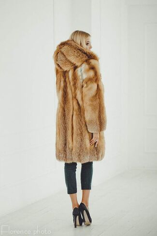 Fox Fur Coat Hooded Real Fur Womens Jacket Winter Coat Girls Windbreaker (Red) in Saudi Arabia