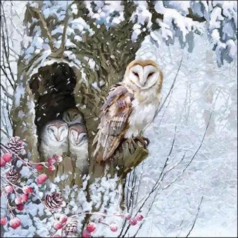 Set of 2 Individual Decoupage Paper Party Napkin Barn Owl Winter Owlets Watercolor Decor Luncheon Napkins for a Birthday Holiday, Wedding, Cocktail Party in Saudi Arabia