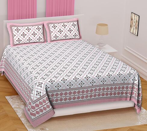 Marusthali Cotton New Bed Sheets King Size Block Printed Handmade Sanganeri Bedsheet Bedcover Bedspread Bed Cover with 2 Pillow Cases 100% Cotton Bedsheets 108 x 108 inches (Pink) in Kuwait