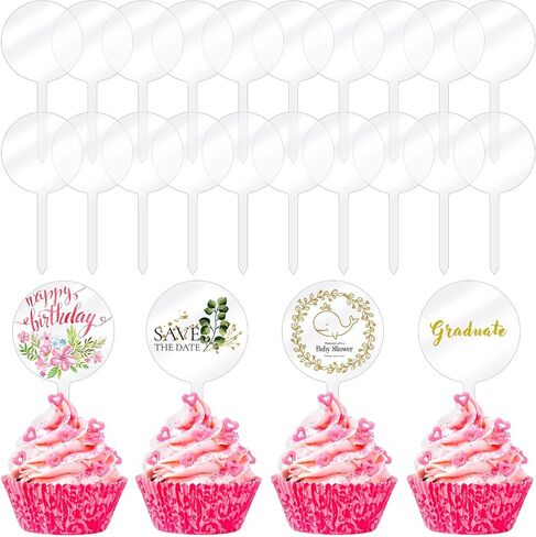 30 Pack 2 Inch Circle Acrylic Cupcake Toppers, DIY Clear Round Blank Cake Personalized Cupcake Topper with Sticks for Birthday Party, Wedding, Engagement, Baby Shower Cake Decoration in Saudi Arabia