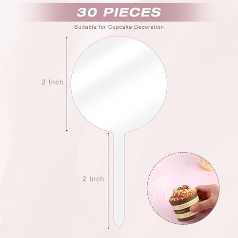 30 Pack 2 Inch Circle Acrylic Cupcake Toppers, DIY Clear Round Blank Cake Personalized Cupcake Topper with Sticks for Birthday Party, Wedding, Engagement, Baby Shower Cake Decoration in Saudi Arabia