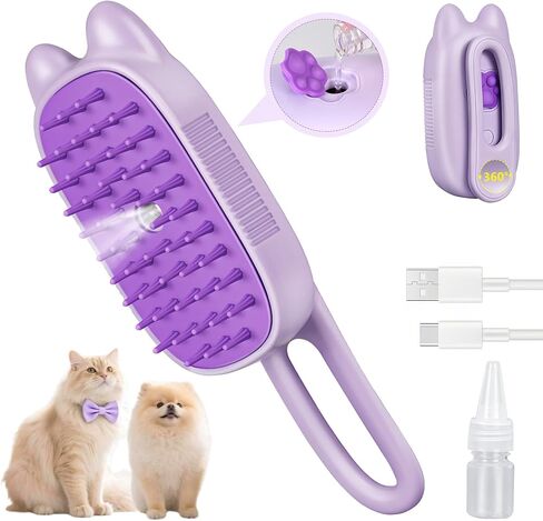 Rechargeable Cat Steam Brush with Mist Spray, 3-in-1 Pet Steam Brush for Long and Short Haired Cats and Small Dogs, Anti-Static, De-Shedding, Detangling, Massage, Purple Cat Design in Saudi Arabia