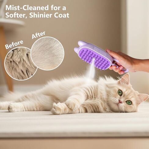 Rechargeable Cat Steam Brush with Mist Spray, 3-in-1 Pet Steam Brush for Long and Short Haired Cats and Small Dogs, Anti-Static, De-Shedding, Detangling, Massage, Purple Cat Design in Saudi Arabia