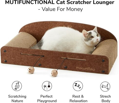 FUKUMARU 26 Inch Cat Scratcher Cardboard Lounge Bed, Durable Cat Scratcher Extra Large Lounger, 2 Reversible Cat Scratching Pads Refill for Indoor Cats, Cat Scratch Bed Cardboard Toy, Caramel Color in Saudi Arabia