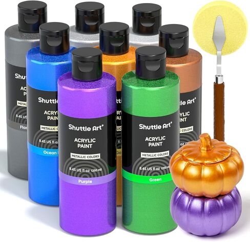 Shuttle Art 8 Colors Metallic Acrylic Paint, 250ml/8.45oz Bottles Acrylic Paint Set, Rich Metallic Shade, Bulk Painting Supplies for Artists, Beginners and Kids Painting on Rocks Crafts Canvas Wood in Saudi Arabia