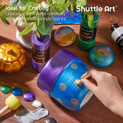 Shuttle Art 8 Colors Metallic Acrylic Paint, 250ml/8.45oz Bottles Acrylic Paint Set, Rich Metallic Shade, Bulk Painting Supplies for Artists, Beginners and Kids Painting on Rocks Crafts Canvas Wood in Saudi Arabia