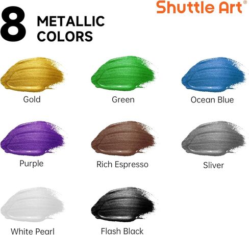 Shuttle Art 8 Colors Metallic Acrylic Paint, 250ml/8.45oz Bottles Acrylic Paint Set, Rich Metallic Shade, Bulk Painting Supplies for Artists, Beginners and Kids Painting on Rocks Crafts Canvas Wood in Saudi Arabia