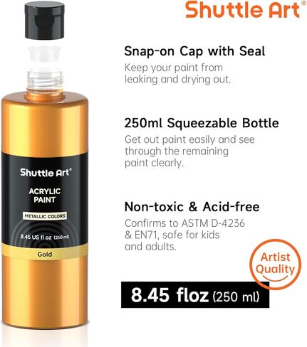Shuttle Art 8 Colors Metallic Acrylic Paint, 250ml/8.45oz Bottles Acrylic Paint Set, Rich Metallic Shade, Bulk Painting Supplies for Artists, Beginners and Kids Painting on Rocks Crafts Canvas Wood in Saudi Arabia