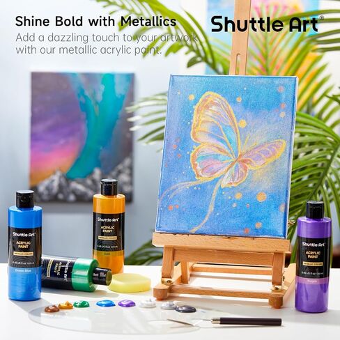Shuttle Art 8 Colors Metallic Acrylic Paint, 250ml/8.45oz Bottles Acrylic Paint Set, Rich Metallic Shade, Bulk Painting Supplies for Artists, Beginners and Kids Painting on Rocks Crafts Canvas Wood in Saudi Arabia