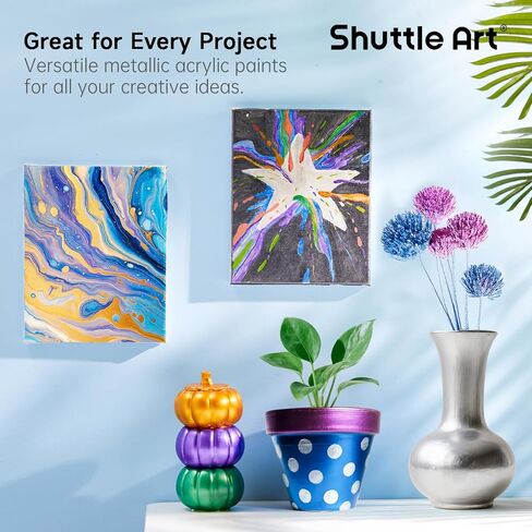 Shuttle Art 8 Colors Metallic Acrylic Paint, 250ml/8.45oz Bottles Acrylic Paint Set, Rich Metallic Shade, Bulk Painting Supplies for Artists, Beginners and Kids Painting on Rocks Crafts Canvas Wood in Saudi Arabia