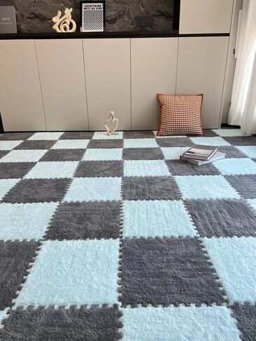 البلاط السجاد المتشابك 12pcs ، 12 "× 12" ، بلاط سجادة فوم متداخلة مع الحدود ، بلاط أرضي ، يرتدي حصيرة ، بلاط مربعات مبطنة سميكة لديكور غرفة اللعب (زرقاء فاتح+رمادي) in Kuwait