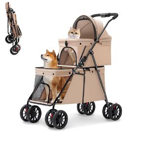 Double Pet Stroller for Medium Small Dogs and Cats with 2 Carriage, Durable Universal Wheels with Brakes Lightweight One Hand Foldale Kittens Puppies Travel Strolling Cart (Gray) in Kuwait