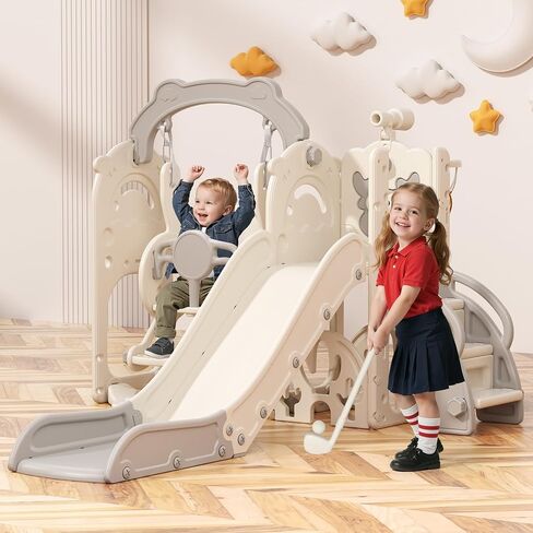 BIERUM Toddler Slide and Swing Set, 7-in-1 Indoor Outdoor Toddler Playset with Climber, Basketball Hoop & Golf Toys, Playground for Kids Ages 1+, Cream&Gray in Kuwait