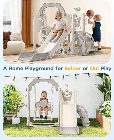 BIERUM Toddler Slide and Swing Set, 7-in-1 Indoor Outdoor Toddler Playset with Climber, Basketball Hoop & Golf Toys, Playground for Kids Ages 1+, Cream&Gray in Kuwait