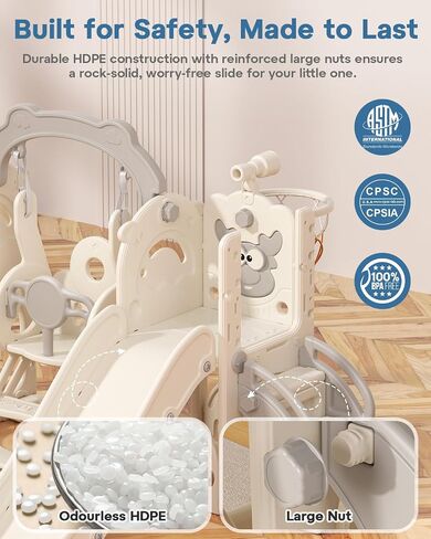 BIERUM Toddler Slide and Swing Set, 7-in-1 Indoor Outdoor Toddler Playset with Climber, Basketball Hoop & Golf Toys, Playground for Kids Ages 1+, Cream&Gray in Kuwait