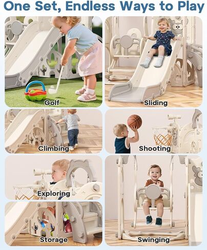 BIERUM Toddler Slide and Swing Set, 7-in-1 Indoor Outdoor Toddler Playset with Climber, Basketball Hoop & Golf Toys, Playground for Kids Ages 1+, Cream&Gray in Kuwait