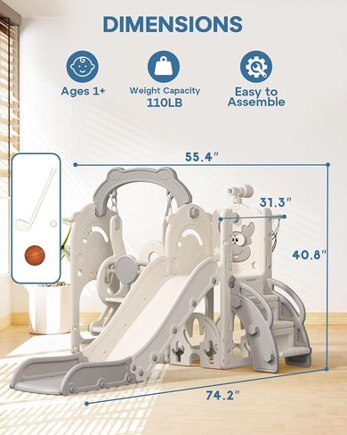 BIERUM Toddler Slide and Swing Set, 7-in-1 Indoor Outdoor Toddler Playset with Climber, Basketball Hoop & Golf Toys, Playground for Kids Ages 1+, Cream&Gray in Kuwait