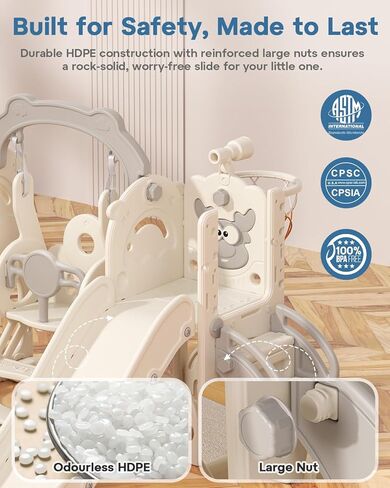 Bierum Toddler Slide and Swing Set ، 7-in-1 oudoor oudder orddler playet مع متسلق وألعاب كرة السلة والغولف ، ملعب للأطفال الذين تتراوح أعمارهم بين 1+ ، كريم ورمادي in Kuwait