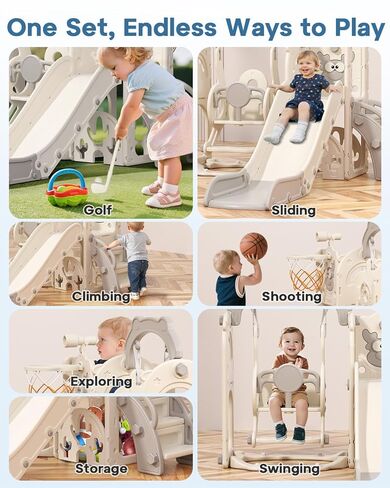 Bierum Toddler Slide and Swing Set ، 7-in-1 oudoor oudder orddler playet مع متسلق وألعاب كرة السلة والغولف ، ملعب للأطفال الذين تتراوح أعمارهم بين 1+ ، كريم ورمادي in Kuwait
