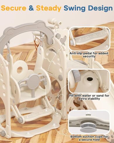 Bierum Toddler Slide and Swing Set ، 7-in-1 oudoor oudder orddler playet مع متسلق وألعاب كرة السلة والغولف ، ملعب للأطفال الذين تتراوح أعمارهم بين 1+ ، كريم ورمادي in Kuwait