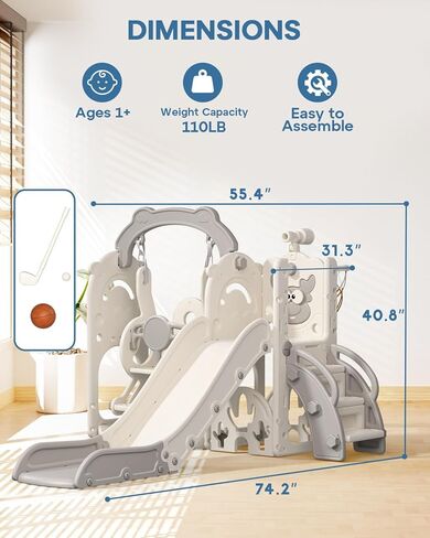 Bierum Toddler Slide and Swing Set ، 7-in-1 oudoor oudder orddler playet مع متسلق وألعاب كرة السلة والغولف ، ملعب للأطفال الذين تتراوح أعمارهم بين 1+ ، كريم ورمادي in Kuwait