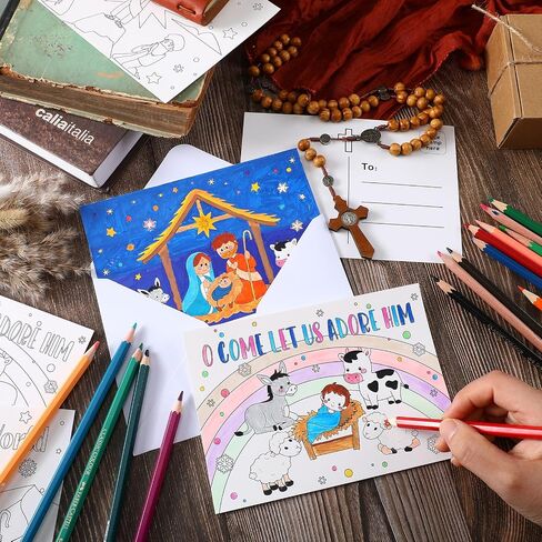 Cholemy 48 Pcs Christmas Coloring Postcards with Envelopes 5 x 7 Christian Religious Coloring Merry Christmas Greeting Cards Bible Flat Postcard Gifts for Kids Adult Xmas DIY Crafts Holiday Party in Saudi Arabia