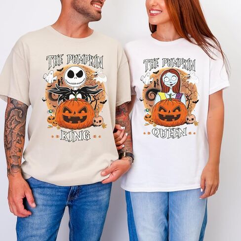 Pumpkin King and Queen Jack Sally Halloween Couple Outfits, Nightmare Before Christmas Couples Matching Halloween Shirts, Husband Wife Halloween Shirts, Graphic Tshirts Boyfriend, Girlfriend. in Saudi Arabia