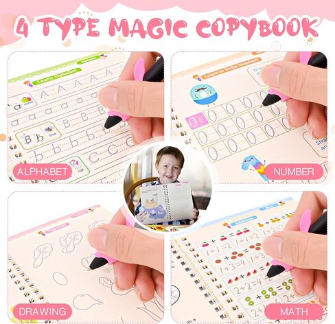 4 PC Magic Grooved Practice Copybook ، كتب كتابة مصابة بإعادة الاستخدام ، وممارسة كتاب الكتابة اليدوية للأطفال ، والأطفال المصابين بكتابة مرحلة ما قبل المدرسة للأطفال الذين تتراوح أعمارهم بين 3-8 خط. in Kuwait