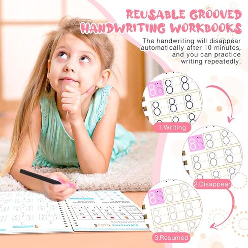 4 PC Magic Grooved Practice Copybook ، كتب كتابة مصابة بإعادة الاستخدام ، وممارسة كتاب الكتابة اليدوية للأطفال ، والأطفال المصابين بكتابة مرحلة ما قبل المدرسة للأطفال الذين تتراوح أعمارهم بين 3-8 خط. in Kuwait