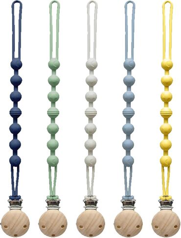 Pacifier Clip for Boys Girls - MORIBOX 5 Pack Paci Clip Soothie Baby Binky Holder for Shower Birthday Gift (Beige+Navy+Green+Yellow+GBlue) in Kuwait