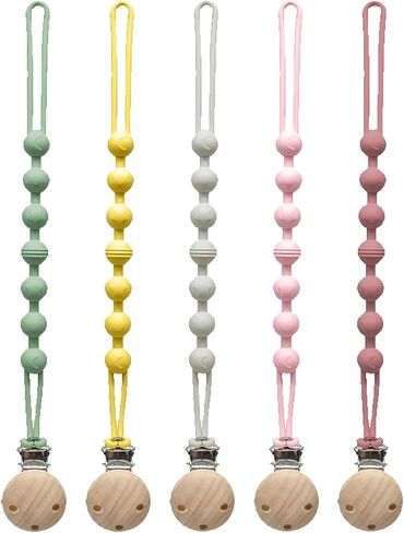 Pacifier Clip for Boys Girls - MORIBOX 5 Pack Paci Clip Soothie Baby Binky Holder for Shower Birthday Gift (Beige+Navy+Green+Yellow+GBlue) in Kuwait
