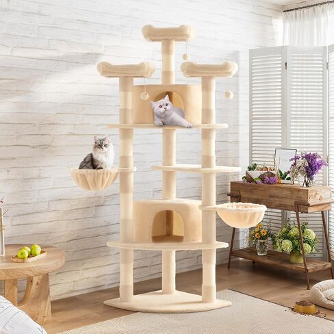 SHA CERLIN 73in Fan-Shaped Corner Cat Tower for Save Space/Multi-Level Tall Cat Tree for Indoor Kitties/Condo with Baskets/Cozy Perches/Sisal Scratching Posts/Pet Activity House/Beige in Kuwait