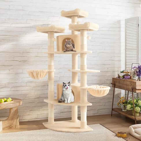 SHA CERLIN 73in Fan-Shaped Corner Cat Tower for Save Space/Multi-Level Tall Cat Tree for Indoor Kitties/Condo with Baskets/Cozy Perches/Sisal Scratching Posts/Pet Activity House/Beige in Kuwait