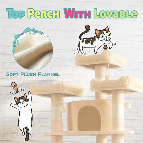 SHA CERLIN 73in Fan-Shaped Corner Cat Tower for Save Space/Multi-Level Tall Cat Tree for Indoor Kitties/Condo with Baskets/Cozy Perches/Sisal Scratching Posts/Pet Activity House/Beige in Kuwait