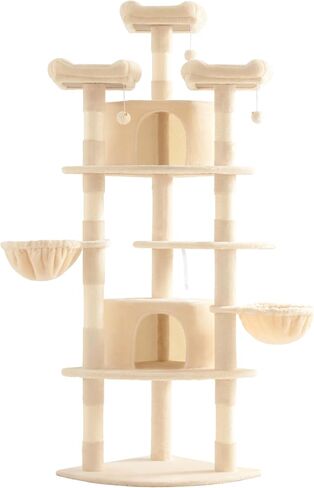SHA CERLIN 73in Fan-Shaped Corner Cat Tower for Save Space/Multi-Level Tall Cat Tree for Indoor Kitties/Condo with Baskets/Cozy Perches/Sisal Scratching Posts/Pet Activity House/Beige in Kuwait