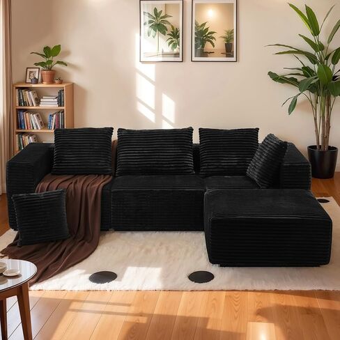 106" Black Cloud Sofa with L-Shaped Chaise Longue, Modern Modular couches with Deep Seats, Fluffy couches for Living Room and Bedroom, Boneless Couch, Compressible, Plush Corduroy Fabric（Black in Saudi Arabia