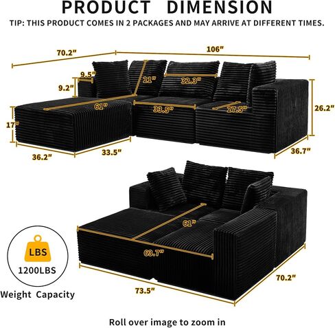 106" Black Cloud Sofa with L-Shaped Chaise Longue, Modern Modular couches with Deep Seats, Fluffy couches for Living Room and Bedroom, Boneless Couch, Compressible, Plush Corduroy Fabric（Black in Saudi Arabia