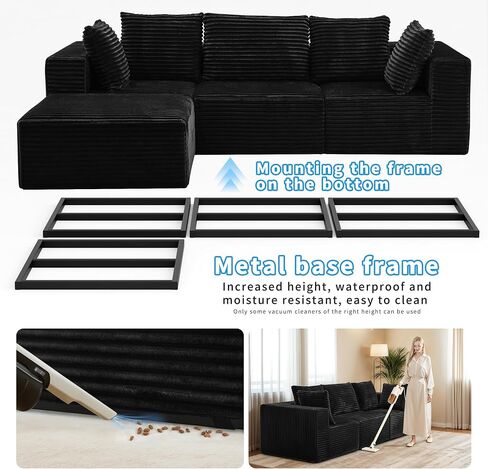106" Black Cloud Sofa with L-Shaped Chaise Longue, Modern Modular couches with Deep Seats, Fluffy couches for Living Room and Bedroom, Boneless Couch, Compressible, Plush Corduroy Fabric（Black in Saudi Arabia