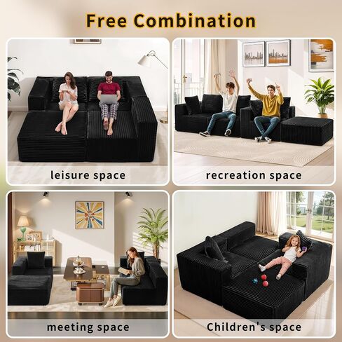 106" Black Cloud Sofa with L-Shaped Chaise Longue, Modern Modular couches with Deep Seats, Fluffy couches for Living Room and Bedroom, Boneless Couch, Compressible, Plush Corduroy Fabric（Black in Saudi Arabia