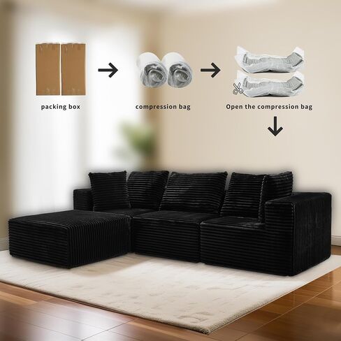 106" Black Cloud Sofa with L-Shaped Chaise Longue, Modern Modular couches with Deep Seats, Fluffy couches for Living Room and Bedroom, Boneless Couch, Compressible, Plush Corduroy Fabric（Black in Saudi Arabia