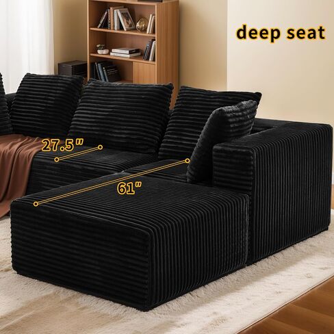 106" Black Cloud Sofa with L-Shaped Chaise Longue, Modern Modular couches with Deep Seats, Fluffy couches for Living Room and Bedroom, Boneless Couch, Compressible, Plush Corduroy Fabric（Black in Saudi Arabia