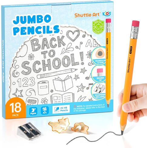 Shuttle Art Jumbo Pencils - 18 Pack Triangle Pre sharpened Pencils #2 HB with Top Erasers & Sharpener, for kids Ages 4-8, Kindergarten School Supplies, Ideal for Home, Classroom in Saudi Arabia