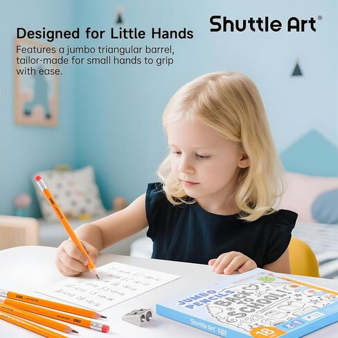 Shuttle Art Jumbo Pencils - 18 Pack Triangle Pre sharpened Pencils #2 HB with Top Erasers & Sharpener, for kids Ages 4-8, Kindergarten School Supplies, Ideal for Home, Classroom in Saudi Arabia